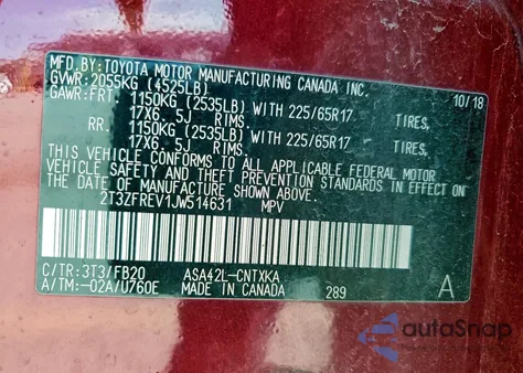 2018 Toyota Rav4 Le z USA, uszkodzony, nr VIN 2T3ZFREV1JW514631